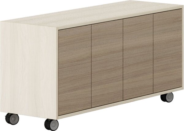 Pojízdná skříňka na kolečkách s dveřmi LAYERS, dlouhá, 1200 x 400 x 575 mm, dub přírodní / dub mořený