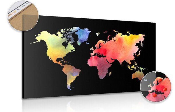 Obraz na korku mapa světa v akvarelovém provedení na černém pozadí