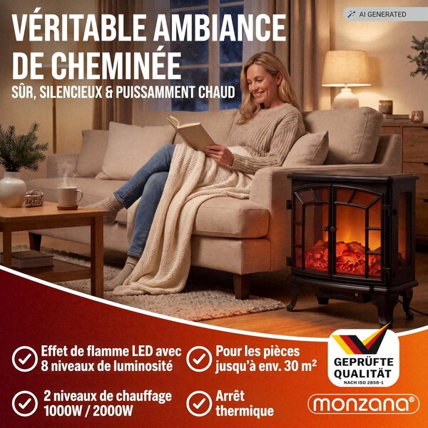 MONZANA® Elektrický krb s LED efektem plamenů, 2000 W, elektrický ventilátor, 2 stupně topení, dálkové ovládání, časovač, krb do obývacího pokoje, 70 x 36 x 66 cm, černý