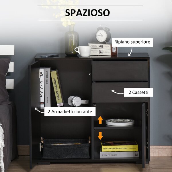 HOMCOM Skříňka se 2 šuplíky a 2 dvířky, Design s Otvorením Pushem, Skříňka se 2 Šuplíky a 2 Dvířky pro Domov a Kancelář, 79x36x74cm, Matná Černá | Aos