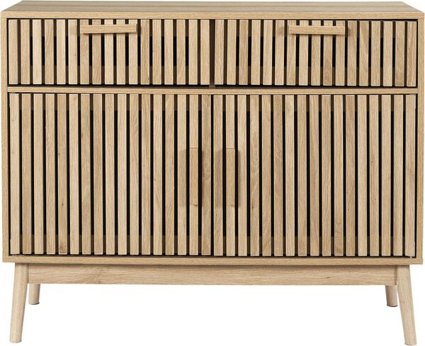 HowHomely | Komoda - Příborník - 100 x 35 x 80 cm - Béžová - Příborník - Lamelové čelo - s dvířky a zásuvkami