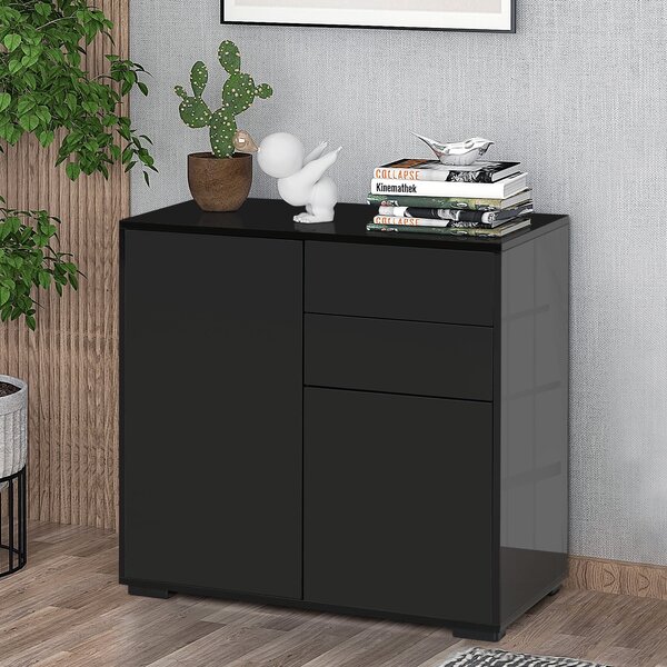 HOMCOM Skříňka se 2 šuplíky a 2 dvířky, Design s Otvorením Pushem, Skříňka se 2 Šuplíky a 2 Dvířky pro Domov a Kancelář, 79x36x74cm, Matná Černá | Aos