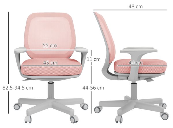 Ergonomická kancelářská židle Vinsetto z prodyšné tkaniny s 5 kolečky, nastavitelná výška, 55x48x82,5-94,5 cm, Růžová | Aosom