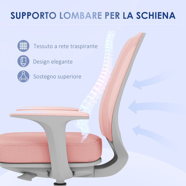Ergonomická kancelářská židle Vinsetto z prodyšné tkaniny s 5 kolečky, nastavitelná výška, 55x48x82,5-94,5 cm, Růžová | Aosom
