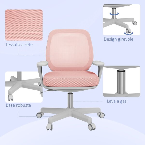Ergonomická kancelářská židle Vinsetto z prodyšné tkaniny s 5 kolečky, nastavitelná výška, 55x48x82,5-94,5 cm, Růžová | Aosom