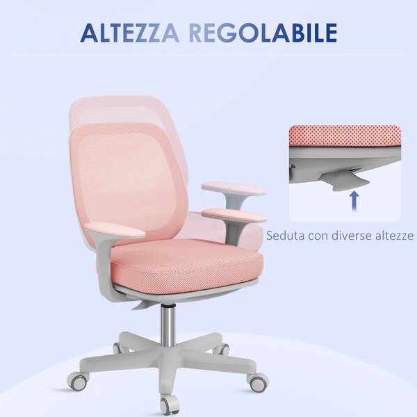 Ergonomická kancelářská židle Vinsetto z prodyšné tkaniny s 5 kolečky, nastavitelná výška, 55x48x82,5-94,5 cm, Růžová | Aosom