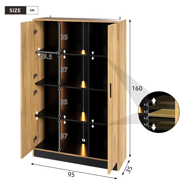 Vysoká skříň Flieks s LED osvětlením, dveřmi, policemi a zásuvkami, rozměry 95x35x160 cm. Kuchyňské skříňky vhodné do kanceláře, obývacího pokoje nebo chodby. Barva: černá a buk