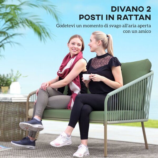 Outsunny 2místná zahradní pohovka z PE ratanu, Boho styl venkovní loveseat s odnímatelnými polštáři, opěrkami na ruce a ocelovým rámem, venkovní pohov