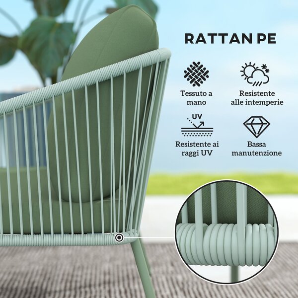 Outsunny 2místná zahradní pohovka z PE ratanu, Boho styl venkovní loveseat s odnímatelnými polštáři, opěrkami na ruce a ocelovým rámem, venkovní pohov
