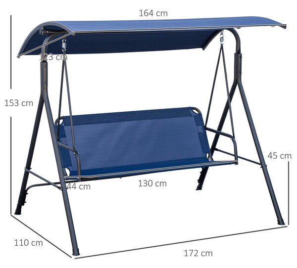 Zahradní houpačka Outsunny pro 3 osoby s nastavitelnou stříškou, venkovní houpačka s prodyšným sedákem z textilenu a kovovým rámem, nosnost až 240 kg