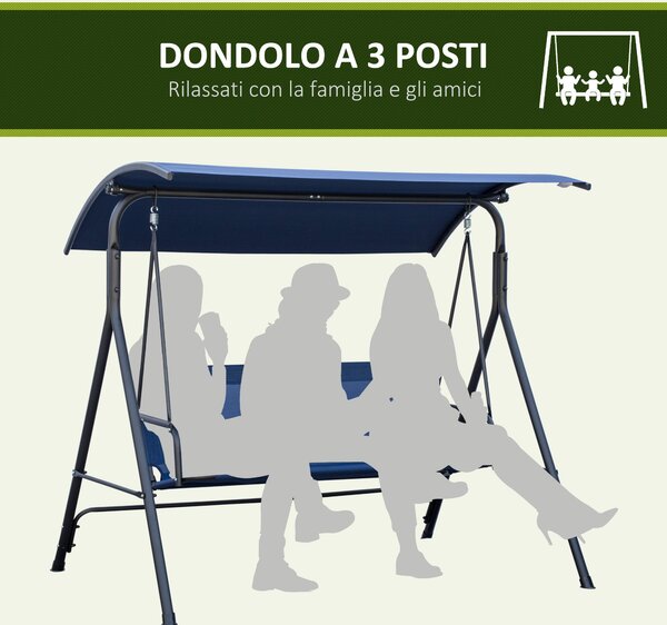 Zahradní houpačka Outsunny pro 3 osoby s nastavitelnou stříškou, venkovní houpačka s prodyšným sedákem z textilenu a kovovým rámem, nosnost až 240 kg