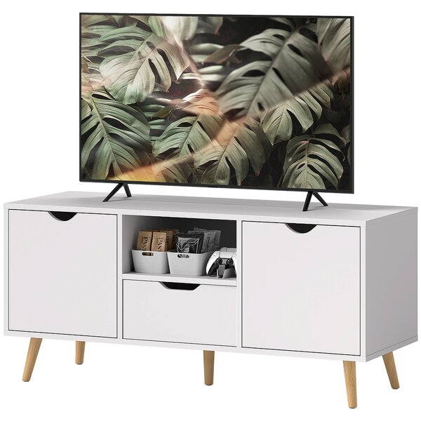 HOMCOM Moderní TV Stolík do 50" s Policemi, Zásuvkou a 2 Skříňkami, TV Stolík se 5 nožkami z Borovice, 110x40x50 cm, Bílý | Aosom