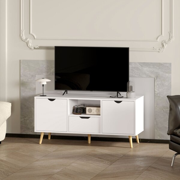 HOMCOM Moderní TV Stolík do 50" s Policemi, Zásuvkou a 2 Skříňkami, TV Stolík se 5 nožkami z Borovice, 110x40x50 cm, Bílý | Aosom