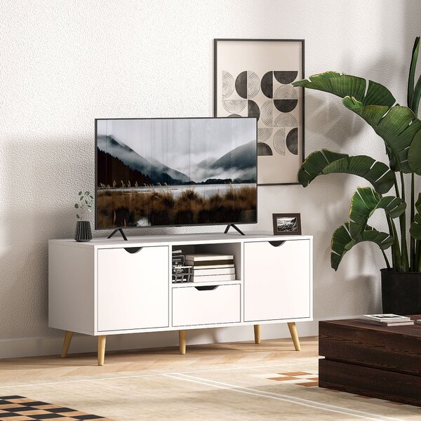 HOMCOM Moderní TV Stolík do 50" s Policemi, Zásuvkou a 2 Skříňkami, TV Stolík se 5 nožkami z Borovice, 110x40x50 cm, Bílý | Aosom