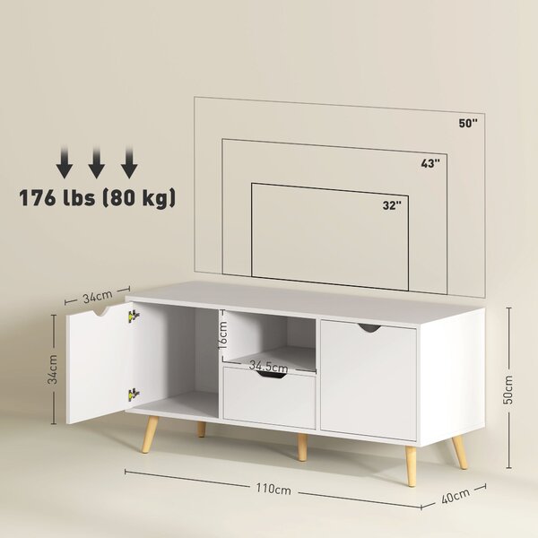 HOMCOM Moderní TV Stolík do 50" s Policemi, Zásuvkou a 2 Skříňkami, TV Stolík se 5 nožkami z Borovice, 110x40x50 cm, Bílý | Aosom