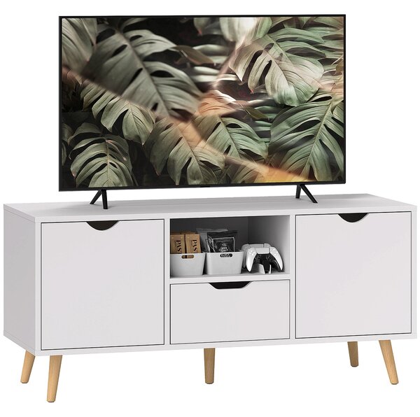 HOMCOM Moderní TV Stolík do 50" s Policemi, Zásuvkou a 2 Skříňkami, TV Stolík se 5 nožkami z Borovice, 110x40x50 cm, Bílý | Aosom