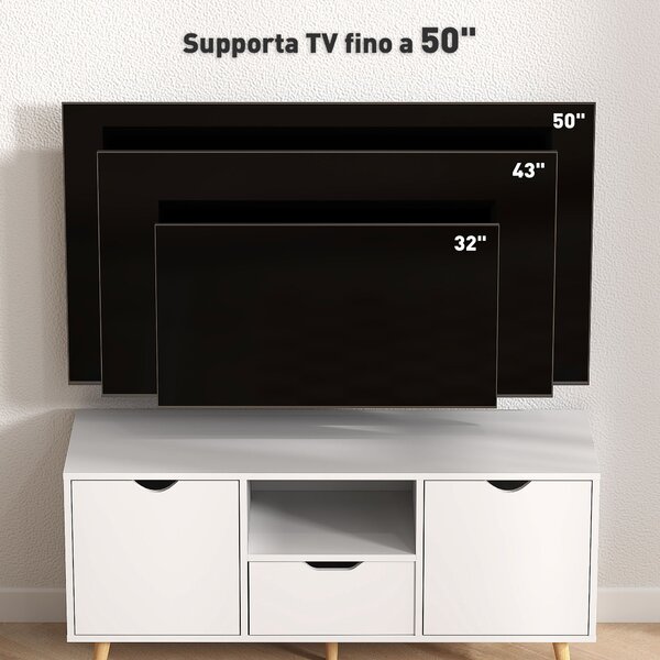 HOMCOM Moderní TV Stolík do 50" s Policemi, Zásuvkou a 2 Skříňkami, TV Stolík se 5 nožkami z Borovice, 110x40x50 cm, Bílý | Aosom