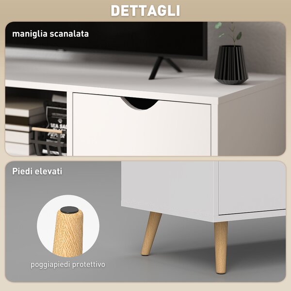 HOMCOM Moderní TV Stolík do 50" s Policemi, Zásuvkou a 2 Skříňkami, TV Stolík se 5 nožkami z Borovice, 110x40x50 cm, Bílý | Aosom