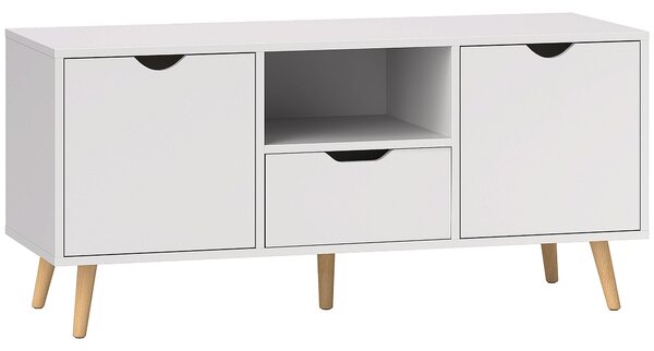 HOMCOM Moderní TV Stolík do 50" s Policemi, Zásuvkou a 2 Skříňkami, TV Stolík se 5 nožkami z Borovice, 110x40x50 cm, Bílý | Aosom