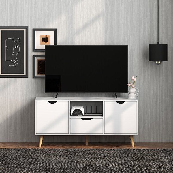 HOMCOM Moderní TV Stolík do 50" s Policemi, Zásuvkou a 2 Skříňkami, TV Stolík se 5 nožkami z Borovice, 110x40x50 cm, Bílý | Aosom