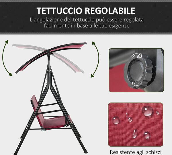 Zahradní houpačka Outsunny pro 3 osoby s nastavitelnou sluneční clonou, prodyšným potahem a kovovým rámem, nosnost do 240 kg, 172x110x153 cm, vínová č