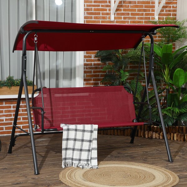 Zahradní houpačka Outsunny pro 3 osoby s nastavitelnou sluneční clonou, prodyšným potahem a kovovým rámem, nosnost do 240 kg, 172x110x153 cm, vínová č