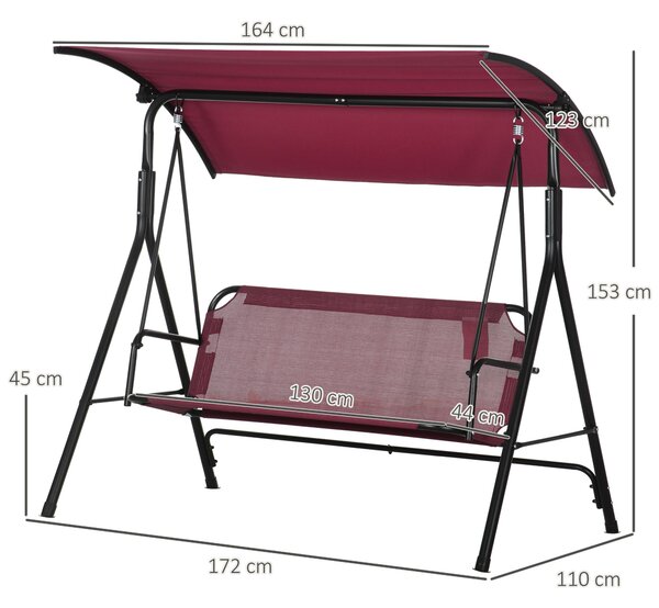 Zahradní houpačka Outsunny pro 3 osoby s nastavitelnou sluneční clonou, prodyšným potahem a kovovým rámem, nosnost do 240 kg, 172x110x153 cm, vínová č