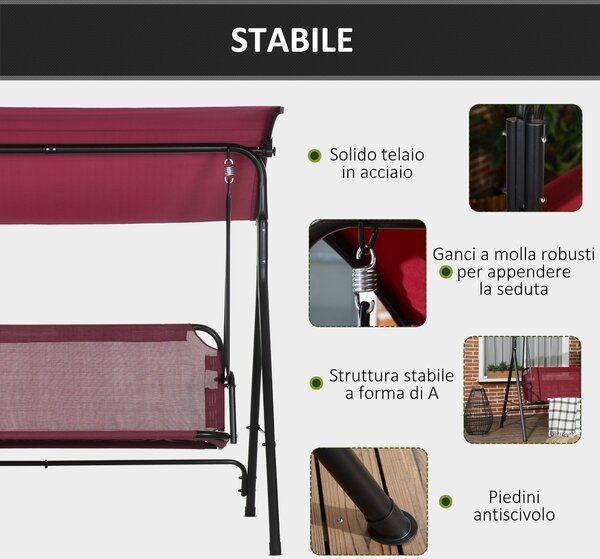 Zahradní houpačka Outsunny pro 3 osoby s nastavitelnou sluneční clonou, prodyšným potahem a kovovým rámem, nosnost do 240 kg, 172x110x153 cm, vínová č