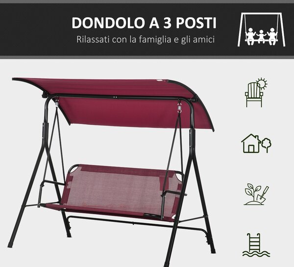Zahradní houpačka Outsunny pro 3 osoby s nastavitelnou sluneční clonou, prodyšným potahem a kovovým rámem, nosnost do 240 kg, 172x110x153 cm, vínová č