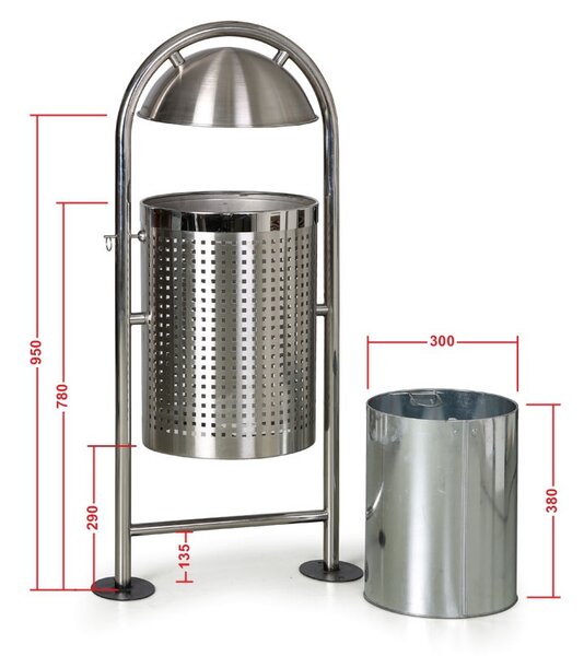 Venkovní nerezový odpadkový koš, 27 l, 460 x 320 x 1150 mm