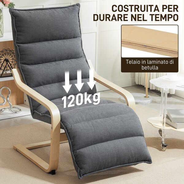 HOMCOM tmavě šedé dřevěné relaxační křeslo s sametovým potahem, nastavitelná opěrka na nohy, moderní design pro obývací pokoj a lounge | Aosom
