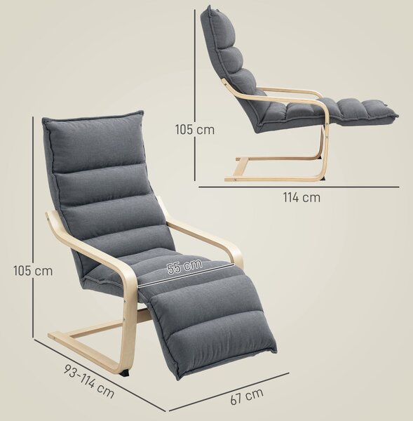 HOMCOM tmavě šedé dřevěné relaxační křeslo s sametovým potahem, nastavitelná opěrka na nohy, moderní design pro obývací pokoj a lounge | Aosom