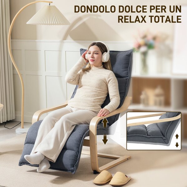 HOMCOM tmavě šedé dřevěné relaxační křeslo s sametovým potahem, nastavitelná opěrka na nohy, moderní design pro obývací pokoj a lounge | Aosom