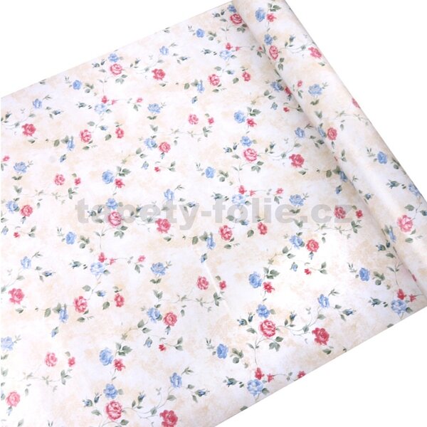 Samolepící tapety 45 cm x 10 m IMPOL TRADE 9033, růžičky modro-červené na krémovém podkladu, samolepící tapety
