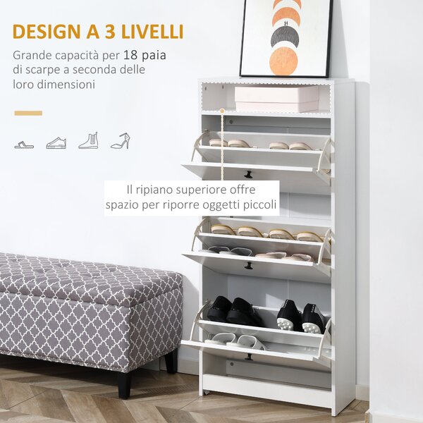 HOMCOM Botník s 3 sklápěcími přihrádkami (18 párů bot) a 1 úložnou policí z dřevotřísky, bílý, 60x24x132cm | Aosom