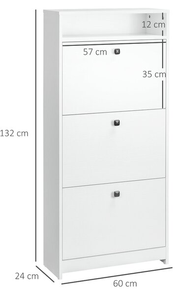 HOMCOM Botník s 3 sklápěcími přihrádkami (18 párů bot) a 1 úložnou policí z dřevotřísky, bílý, 60x24x132cm | Aosom