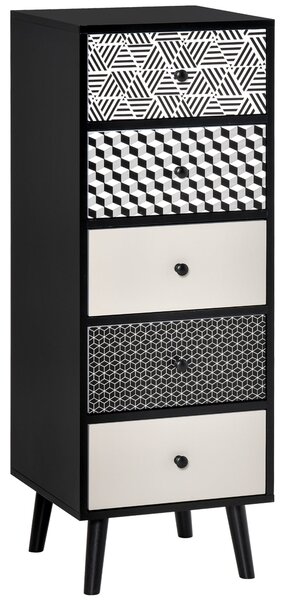 HOMCOM Komoda s geometrickým vzorem, 5 zásuvek, moderní nábytek do ložnice a předsíně, 40x40x111,5cm Černá Šedá | Aosom