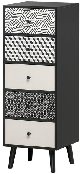 HOMCOM Komoda s geometrickým vzorem, 5 zásuvek, moderní nábytek do ložnice a předsíně, 40x40x111,5cm Černá Šedá | Aosom