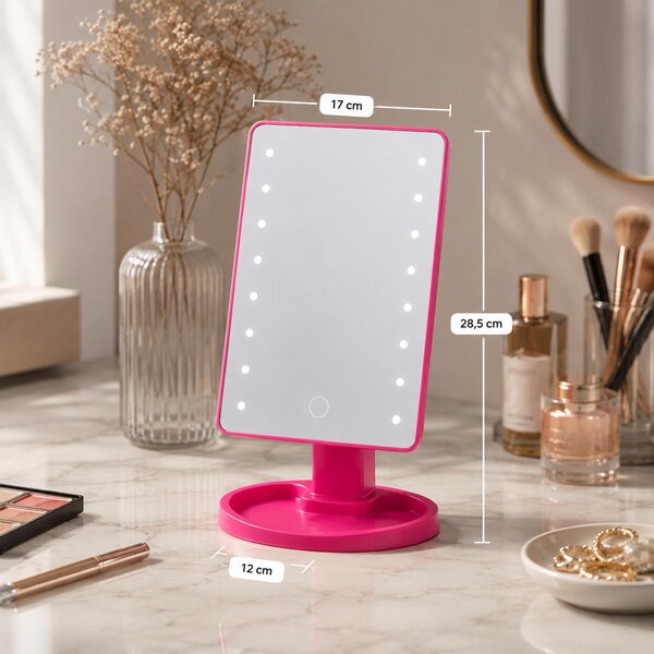 MEXX Zrcadlo s LED podsvícením – Kosmetické zrcadlo s osvětlením a stojanem – Stmívatelné ovládání dotykem – Růžová barva – Rozměry 28,8 x 11,4 x 16,8 cm – Napájení: 4 x AA baterie (baterie nejsou součástí balení)