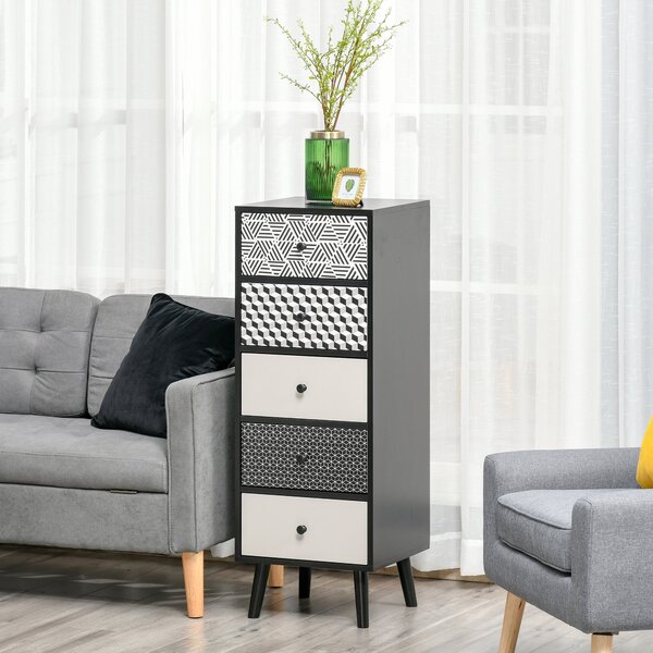 HOMCOM Komoda s geometrickým vzorem, 5 zásuvek, moderní nábytek do ložnice a předsíně, 40x40x111,5cm Černá Šedá | Aosom