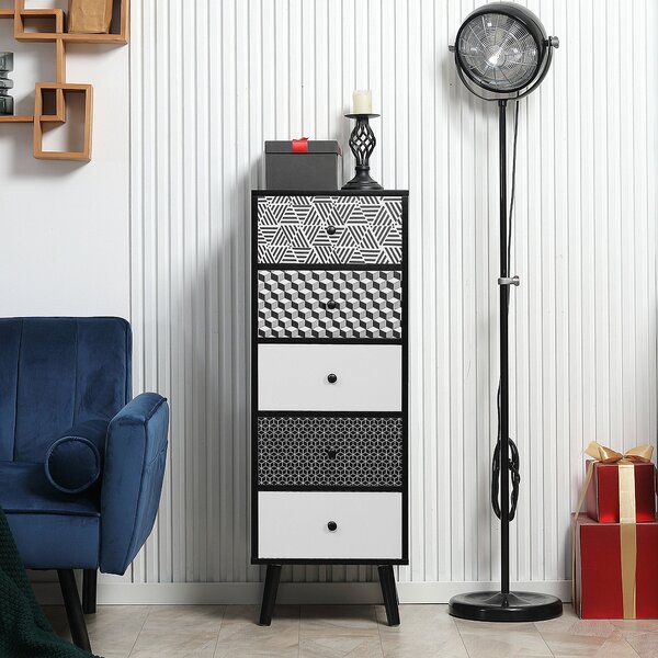 HOMCOM Komoda s geometrickým vzorem, 5 zásuvek, moderní nábytek do ložnice a předsíně, 40x40x111,5cm Černá Šedá | Aosom