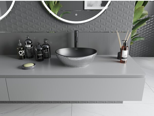 Mexen Elza, keramické umyvadlo na desku 405 x 330 mm, černá matná-stříbrný vzor, 21014022