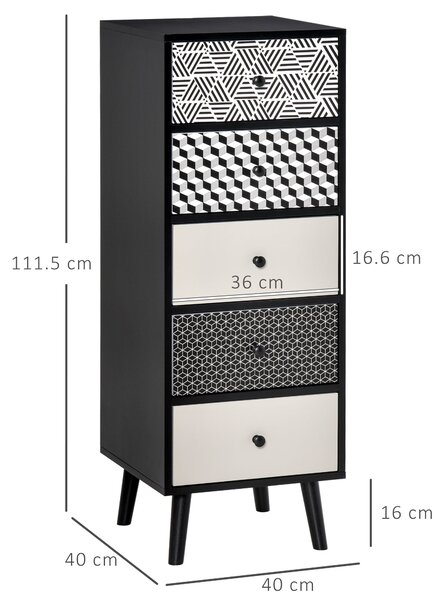 HOMCOM Komoda s geometrickým vzorem, 5 zásuvek, moderní nábytek do ložnice a předsíně, 40x40x111,5cm Černá Šedá | Aosom
