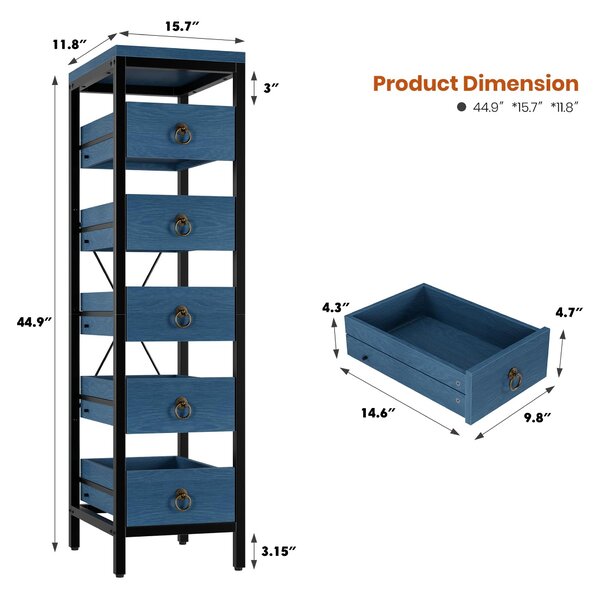 Kuchyňská skříňka s 5 zásuvkami, stojací organizér na zeleninu, ovoce a koření, barva: modrá (denim)