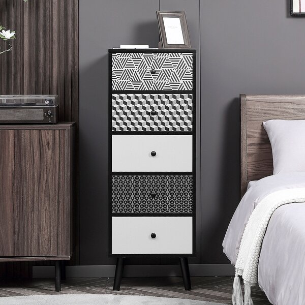 HOMCOM Komoda s geometrickým vzorem, 5 zásuvek, moderní nábytek do ložnice a předsíně, 40x40x111,5cm Černá Šedá | Aosom