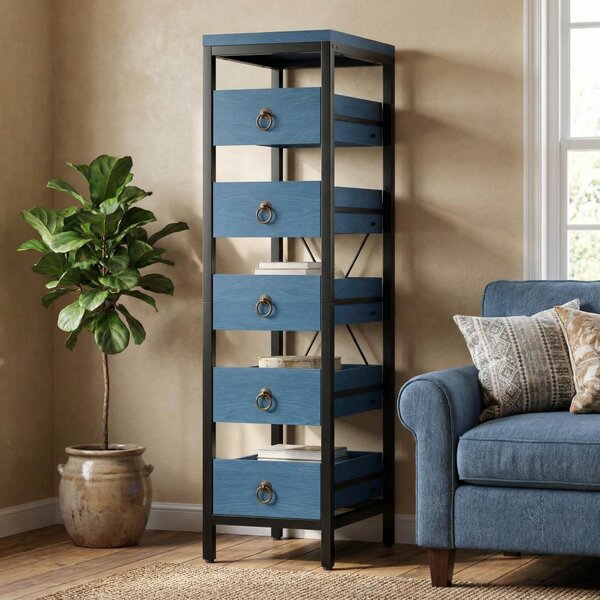 Kuchyňská skříňka s 5 zásuvkami, stojací organizér na zeleninu, ovoce a koření, barva: modrá (denim)