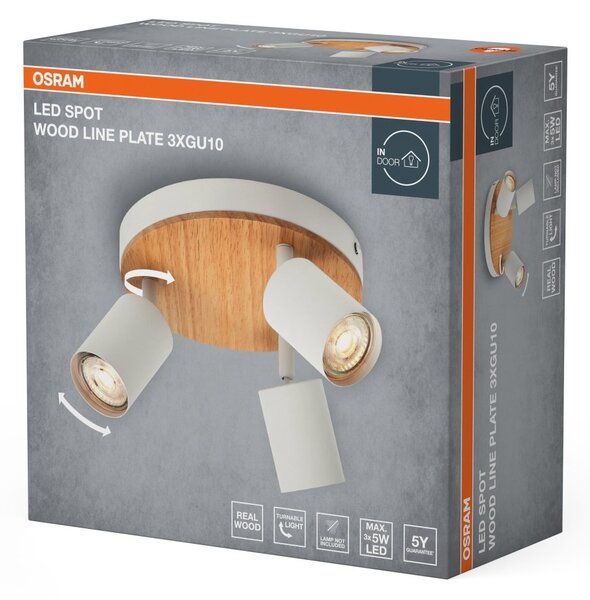 Stropní bodové svítidlo LED Wood Line Plate, 3x GU10, Bílá/Dřevo