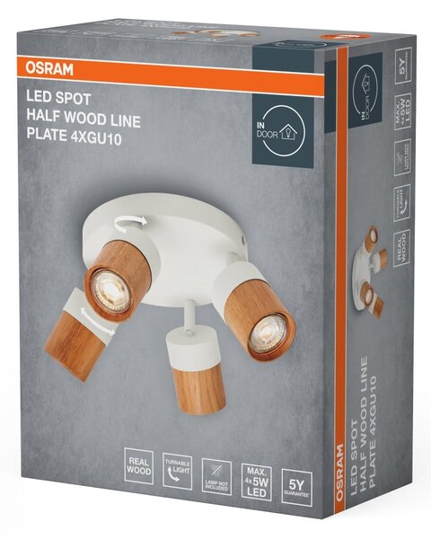 Stropní bodové svítidlo LED Half Wood Line Plate, 4x GU10, Bílá/Dřevo