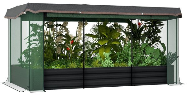 Zvýšený zahradní záhon Outsunny, ocelový, květináč s ochranou proti ptákům a sluneční clonou, zahradní postel na balkon, terasa, tmavě šedá, 230 x 110