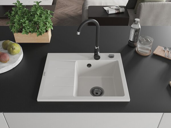 Mexen Ben, 1-komorový granitový dřez 600x500x190 mm, pravý + černý sifon, bílá, 6523605000-20-B